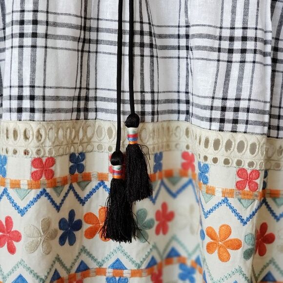 Daniel Rainn Tie Neck Gingham Embroidered Floral Eyelet 100% Cotton Top Large - Picture 6 of 12